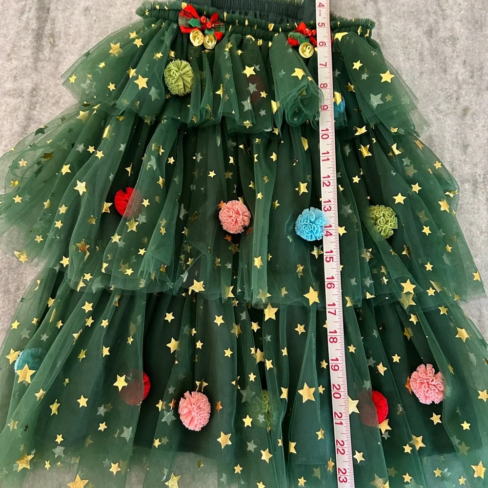 Festive Christmas Tree Costume Dress with Pom-Pom Ornaments